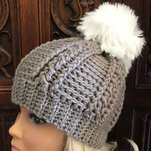 Gray Cable Stitch Crochet Hat w/ Faux Fur Pompom